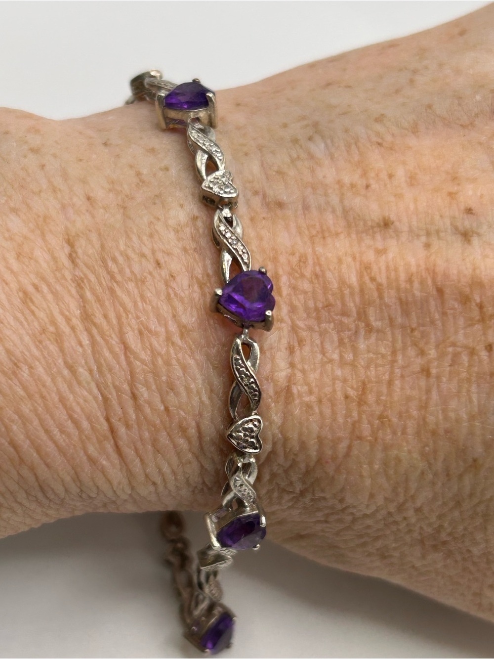 Sterling Silver Heart Cut Amethyst Bracelet 7.75 Inches